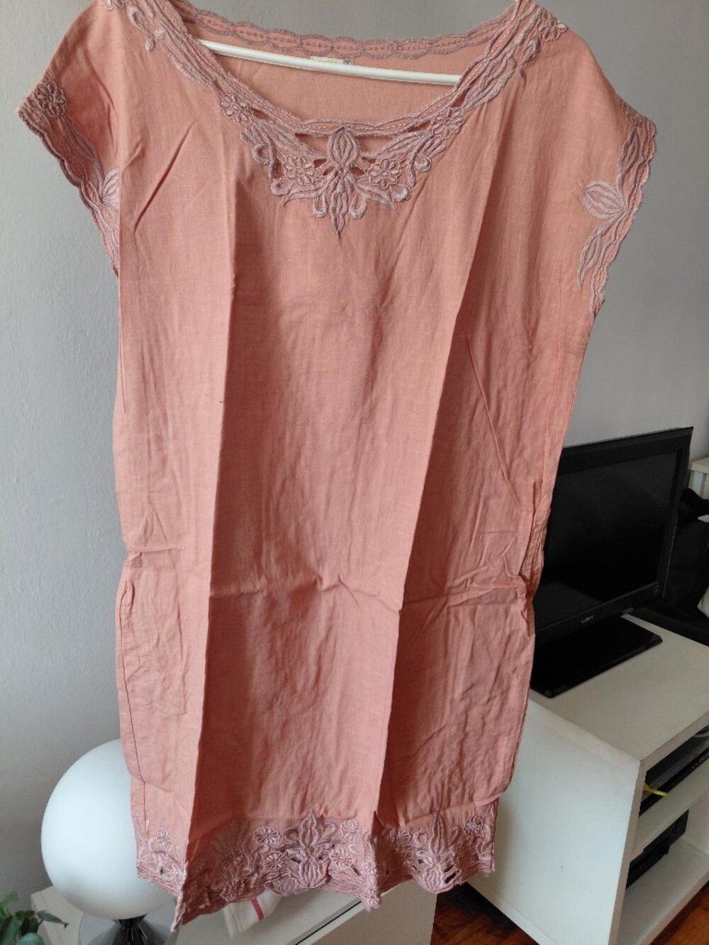 Matta Dusty Peach Embroidered Linen Midi Dress